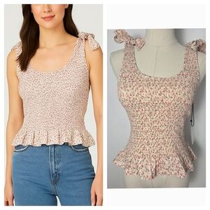 Japna Floral Smocked Peplum Tank Top Bow Tie Shoulders